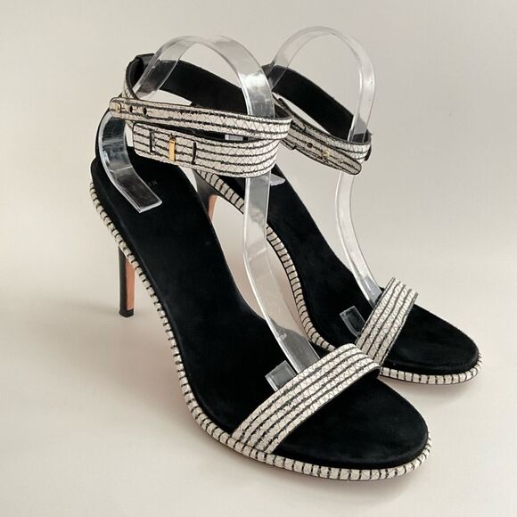 Cole Haan Leather Cyro Striped Snake Embossed Heeled Sandals Black White 10 - Picture 12 of 12